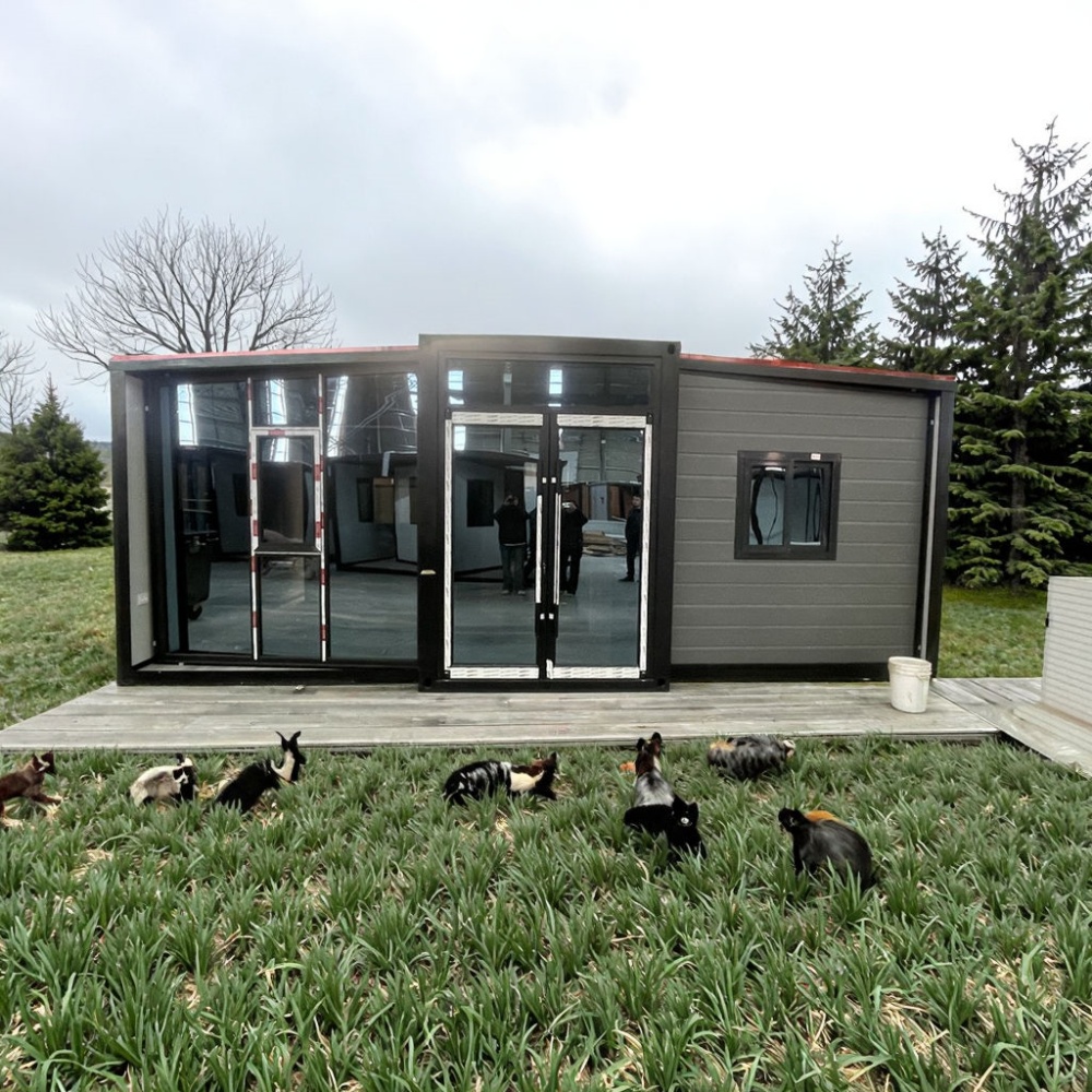 20FT Glass-and-Grey Folding Container House with Red Roof Trim